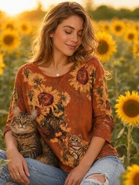 ENDLESS DESIGNS Top Womens Large Orange Sunflower Cat Rhinestone Fall Cottage